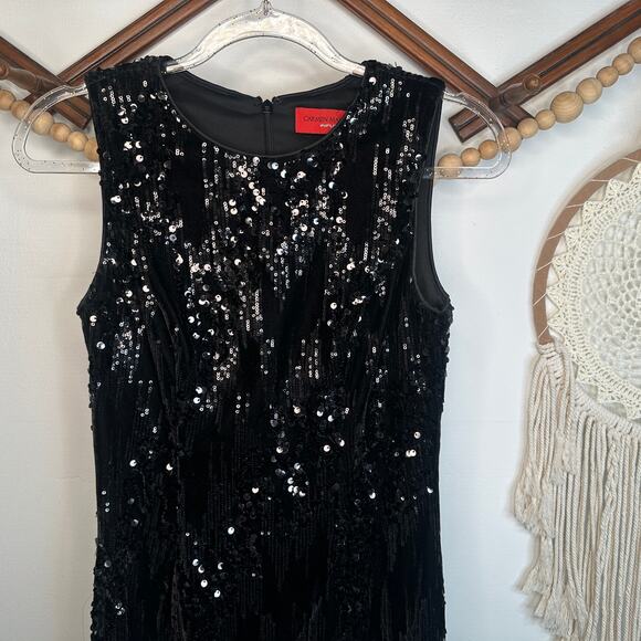 Carmen Marc Valvo Black Sequin Velvet Sleeveless Dress - Picture 1 of 5